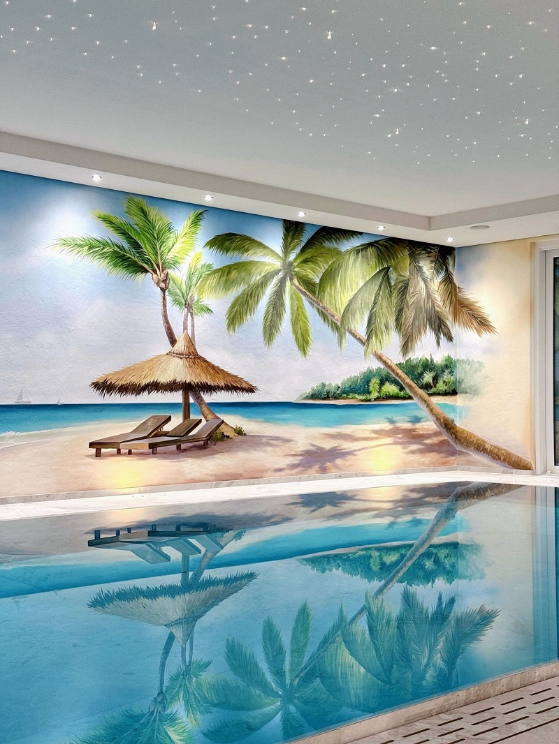 Strand-Wandmalerei in einem Poolhaus