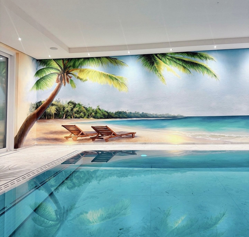 Strand-Wandmalerei in einem Poolhaus 2